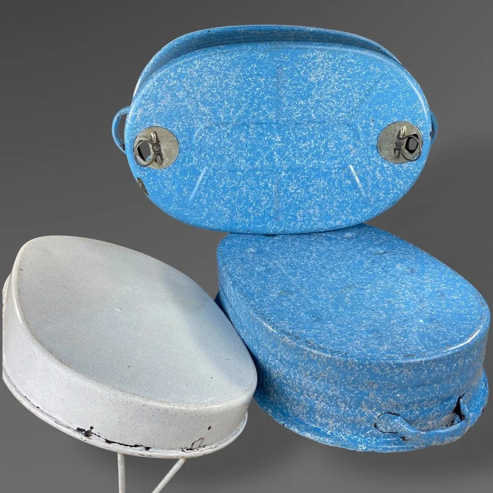1911 Reed Blue Speckle Roaster Graniteware 3 Piece Dutch Oven Primitive Decor